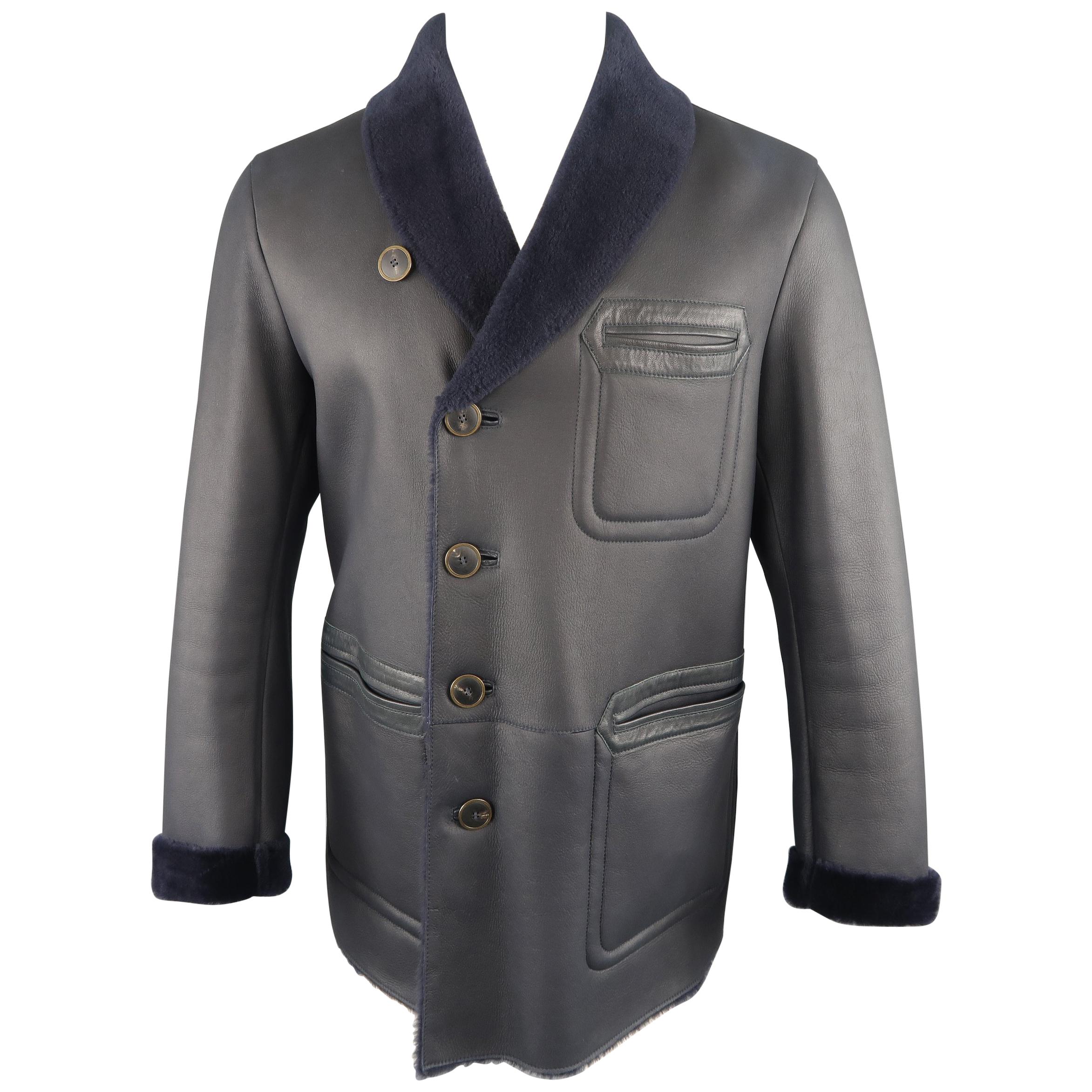 GIORGIO ARMANI Coat - New - US 42 Navy Leather Shearling Fur Collar Jacket