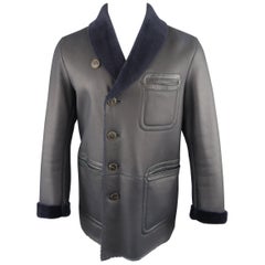 GIORGIO ARMANI Coat - New - US 42 Navy Leather Shearling Fur Collar Jacket