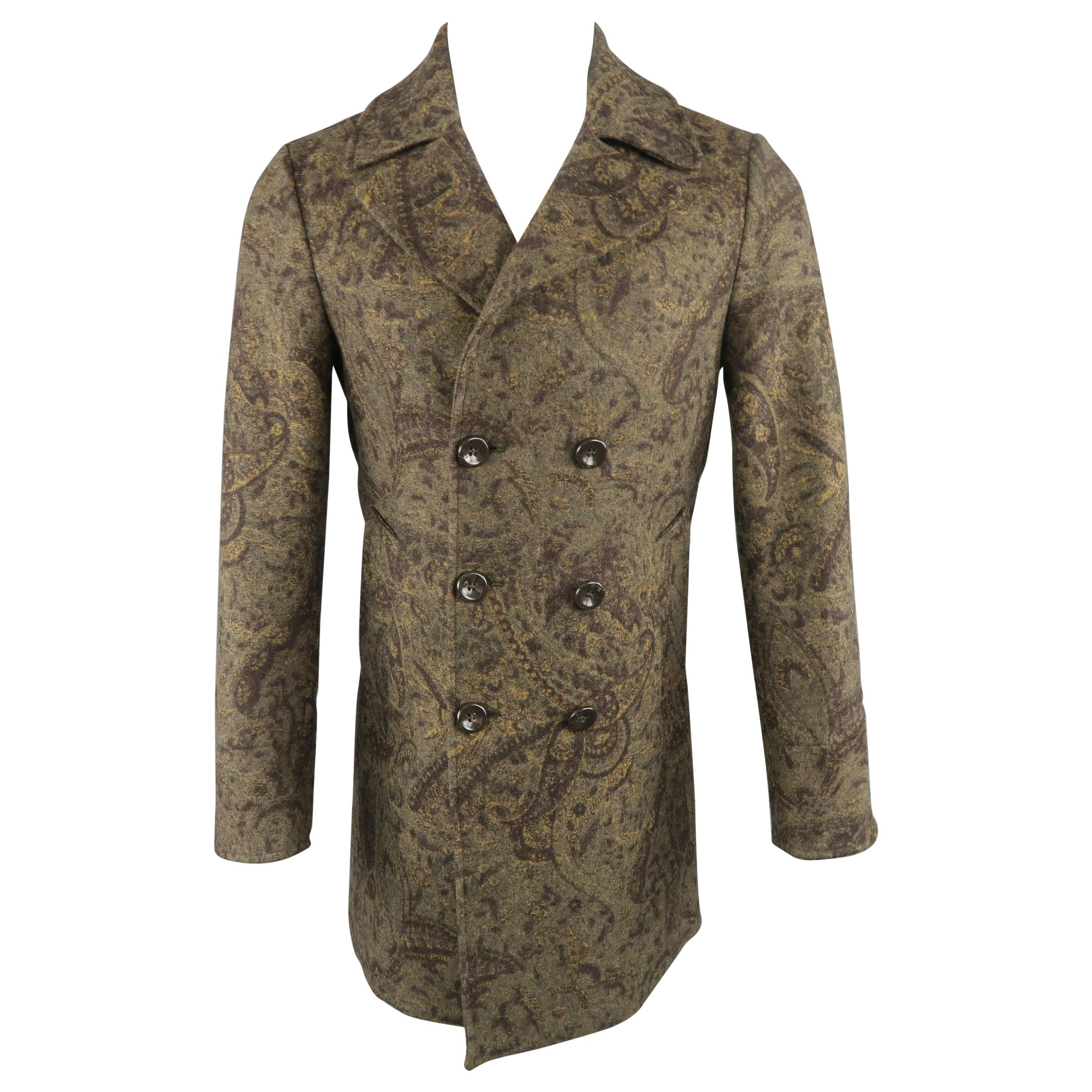 BRIAN DALES Coat - US36 Olive Paisley Wool Blend Double Breasted Peacoat