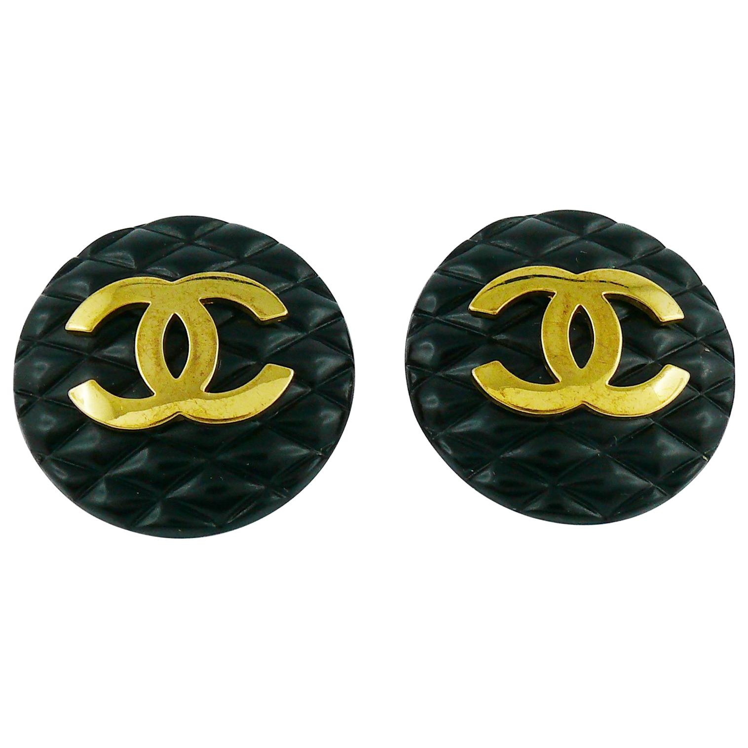 Chanel Vintage 1994 Large Black Quilted Logo Clip-On Earrings