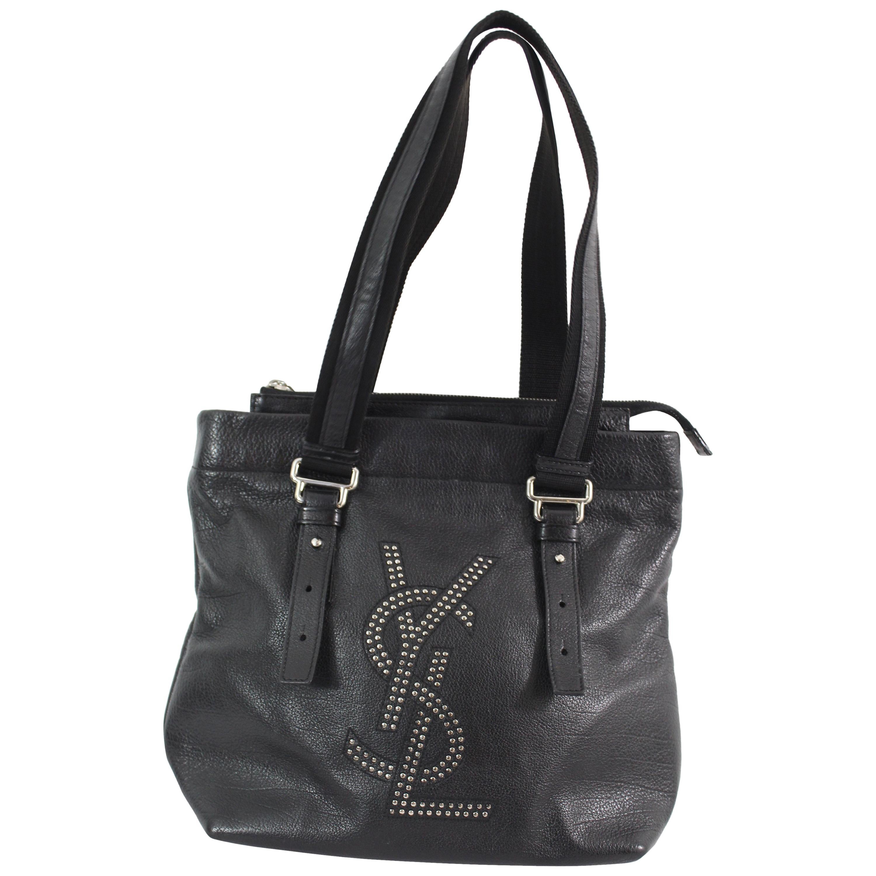 Yves Saint Laurent Vintage YSL Studdent Logo BlackLeather Shoulder Bag For Sale