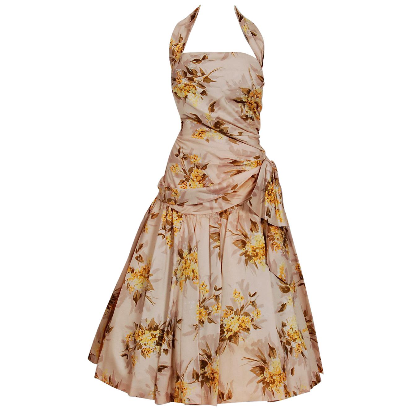1950's Marigold Floral Print Rayon Ruched Halter Bow Circle-Skirt Dress & Bolero
