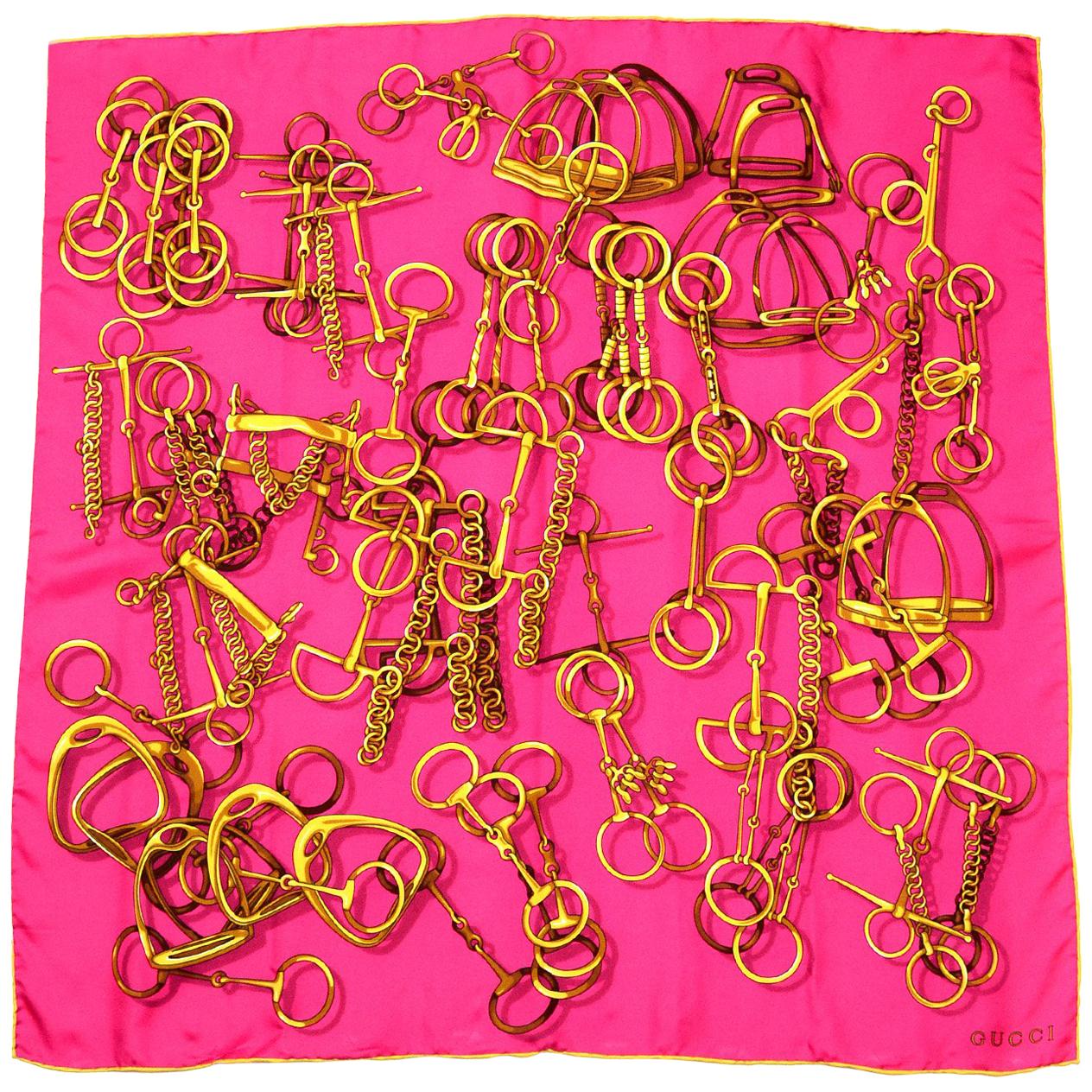 Gucci Pink Chain & Horsebit Print 26" Silk Scarf  
