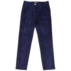 Salvatore Ferragamo Pant Blue Suede Gold Logo Closure High Waisted 38 / 4