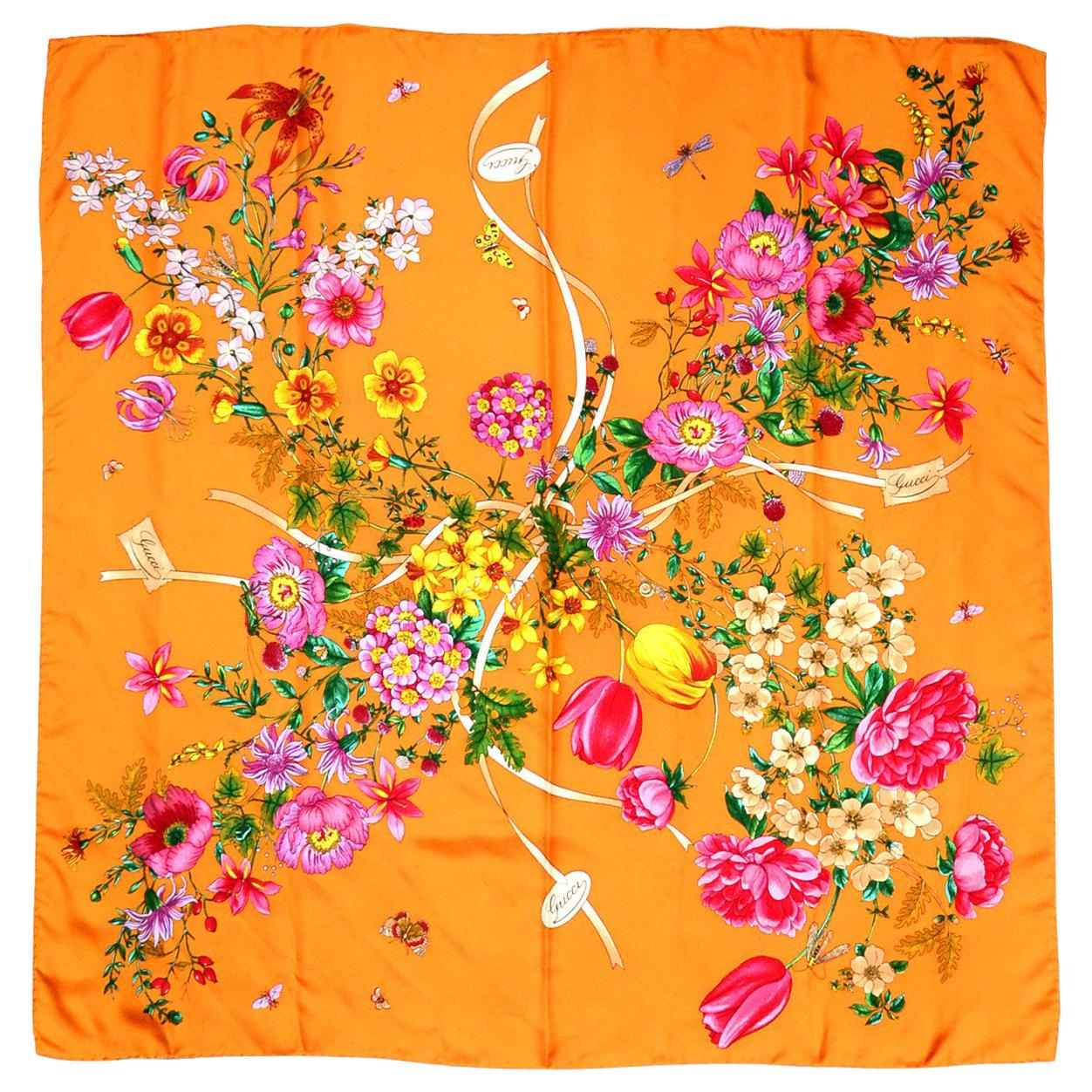 Gucci Silk Orange Mixed Floral Pattern Scarf 34" 