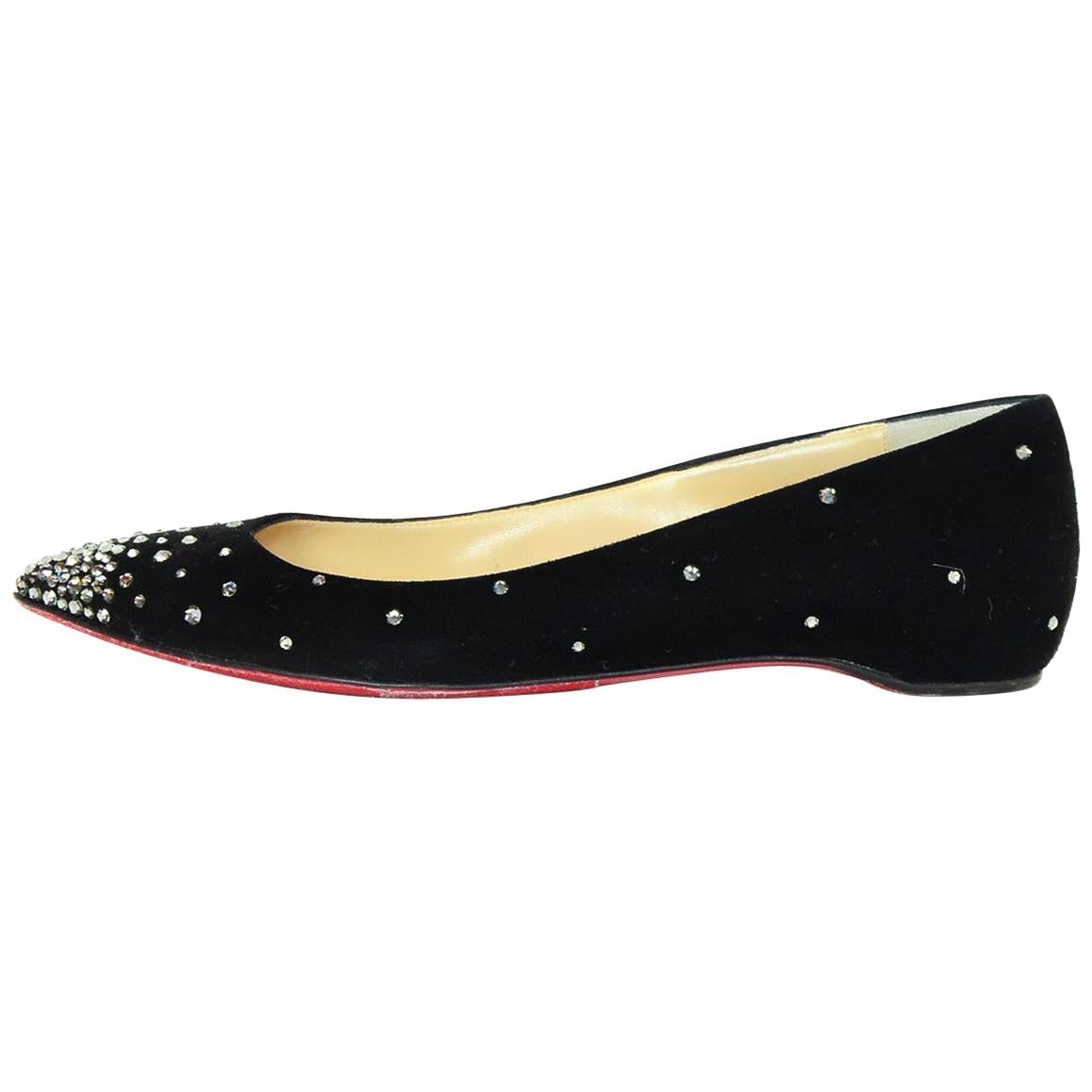 Christian Louboutin Black Suede/Crystal Point Toe Flats sz 37