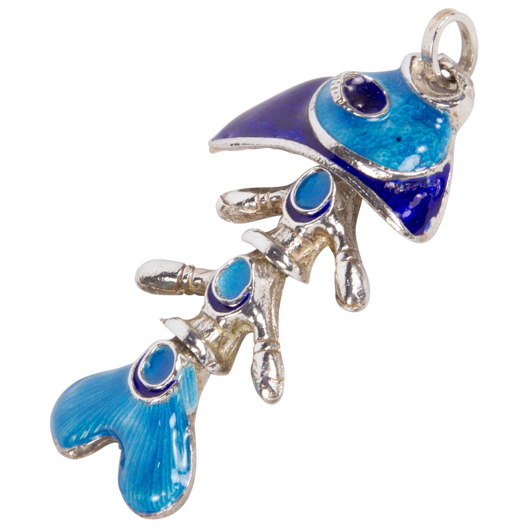 Cloisonne Enamel Sterling Silver Articulated Fish Pendant Necklace  For Sale