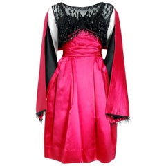 1950's Couture Fuchsia Pink Satin Beaded Illusion Shelf-Bust Party Dress w/Shawl