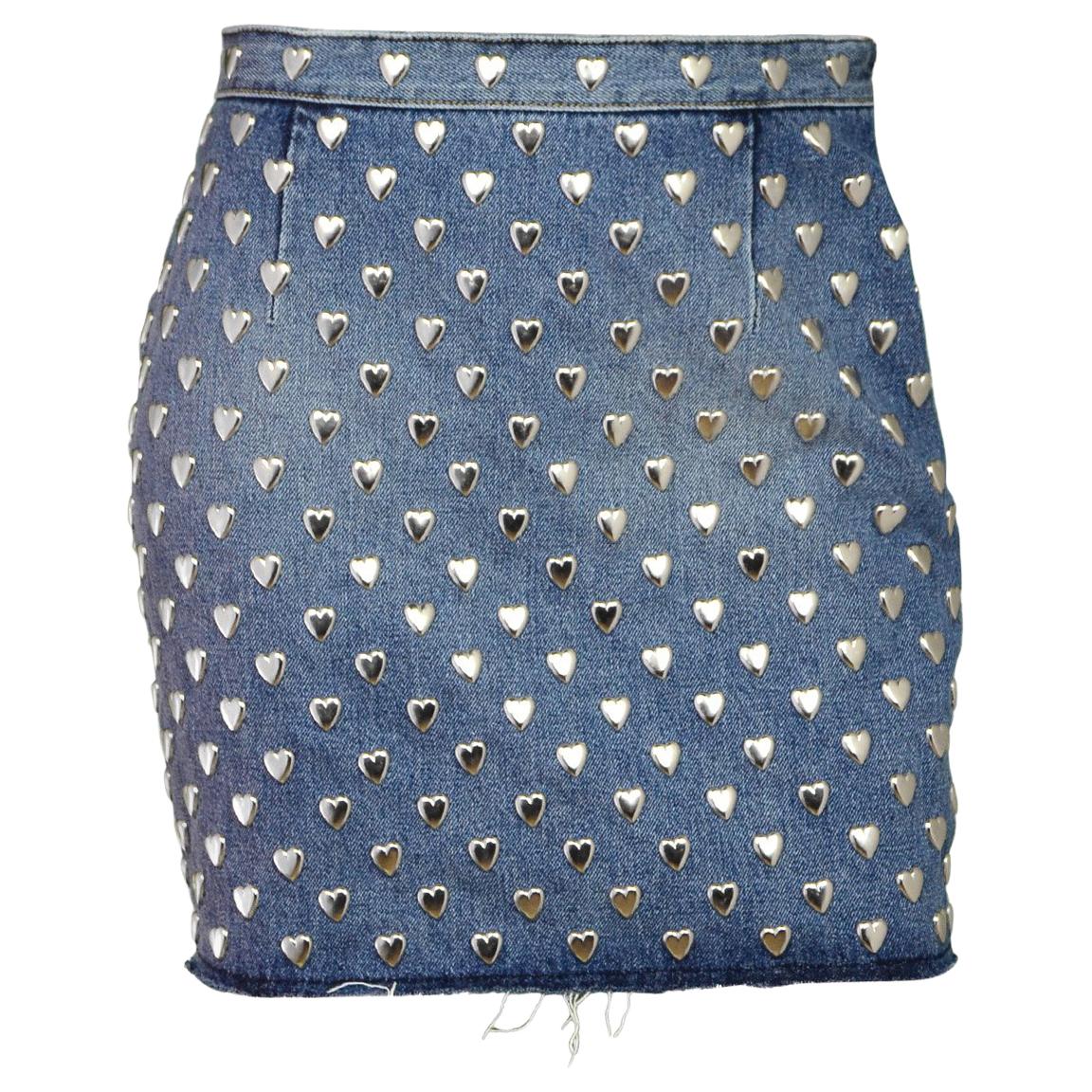 Saint Laurent Blue Raw Hem Denim Silver Heart Stud Mini Skirt Sz 29