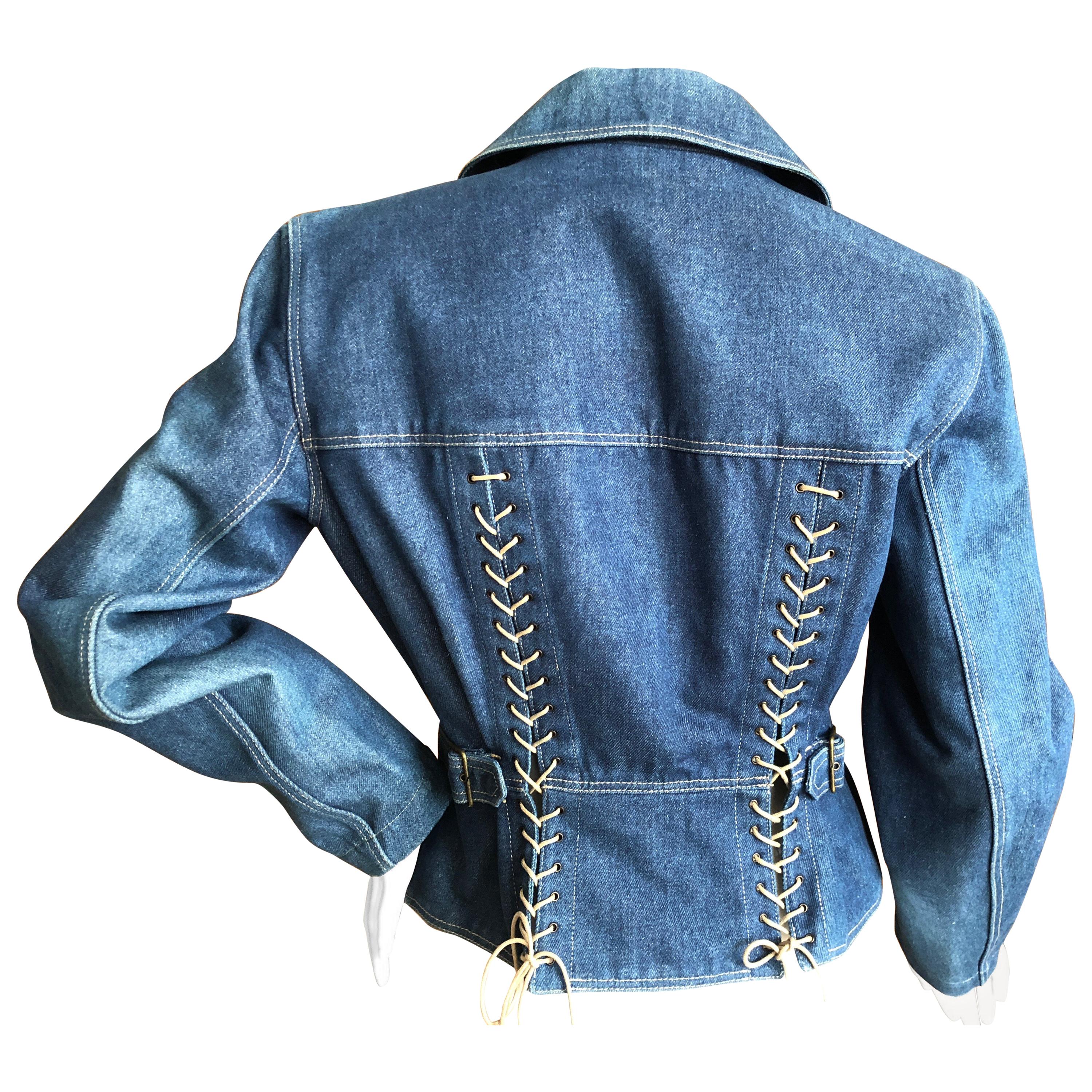 Azzedine Alaia Pristine 1984 Corset Lace Double Breasted Denim Blue Jean Jacket For Sale