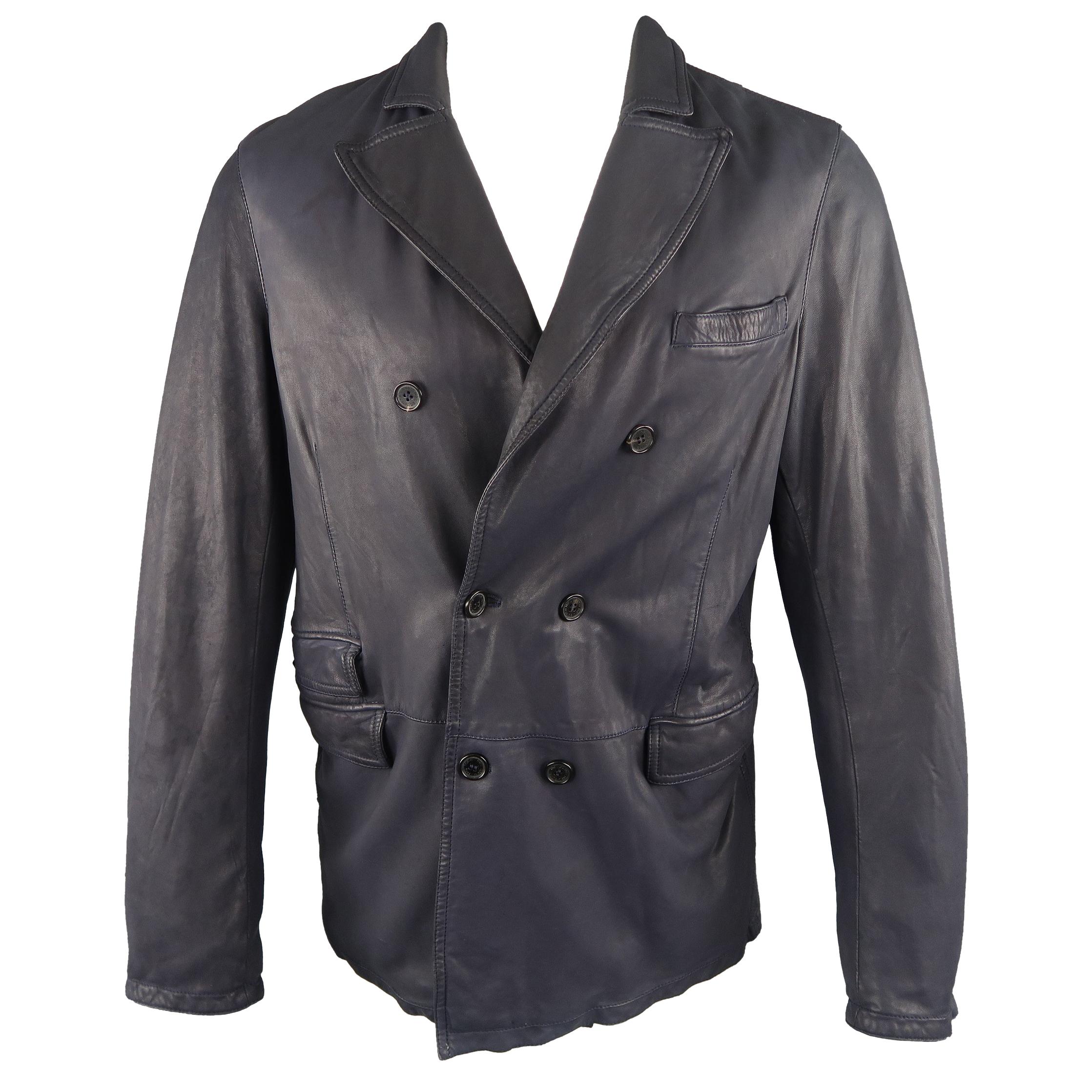 NEIL BARRETT Jacket M Navy Leather Double Breasted Sport Coat Jacket