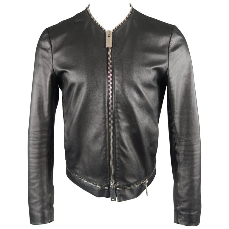 Emporio Armani Size 2 Brown Textured Ruffle Collar Cropped Leather Emporio Armani Leather Jacket Us38 Black Collarless Oversized Zipper
