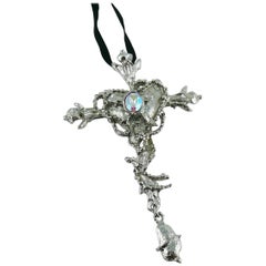 Christian Lacroix Vintage Silver Toned Heart Cross Brooch Pendant Necklace