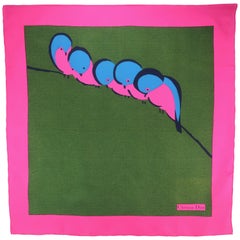 Vintage Christian Dior Hot Pink, Blue & Green Silk Scarf With Bird Motif