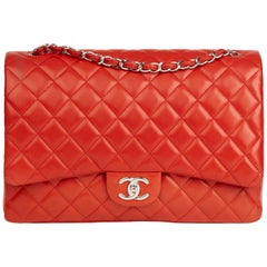 2011 Chanel Orange Rot Gesteppte Lammfell Maxi Classic Double Flap Tasche