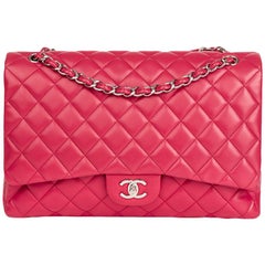 Vintage 2009 Chanel Fuchsia Quilted Lambskin Maxi Classic Single Flap Bag