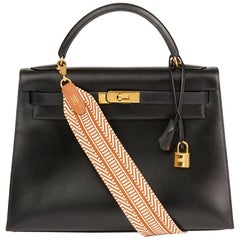 Hermes Black Box Calf Leather Vintage Kelly 32cm Sellier Bag, 1988