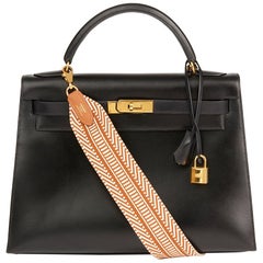 Hermes Black Box Calf Leather Retro Kelly 32cm Sellier Bag, 1988 