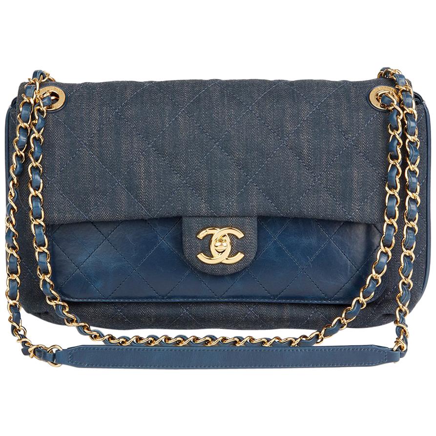 2017 Chanel Blue Quilted Denim and Blue Calfskin Leather Single Flap Bag
