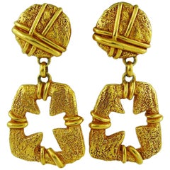 Christian Lacroix Vintage Gold Toned Cut Out Cross Dangling Earrings