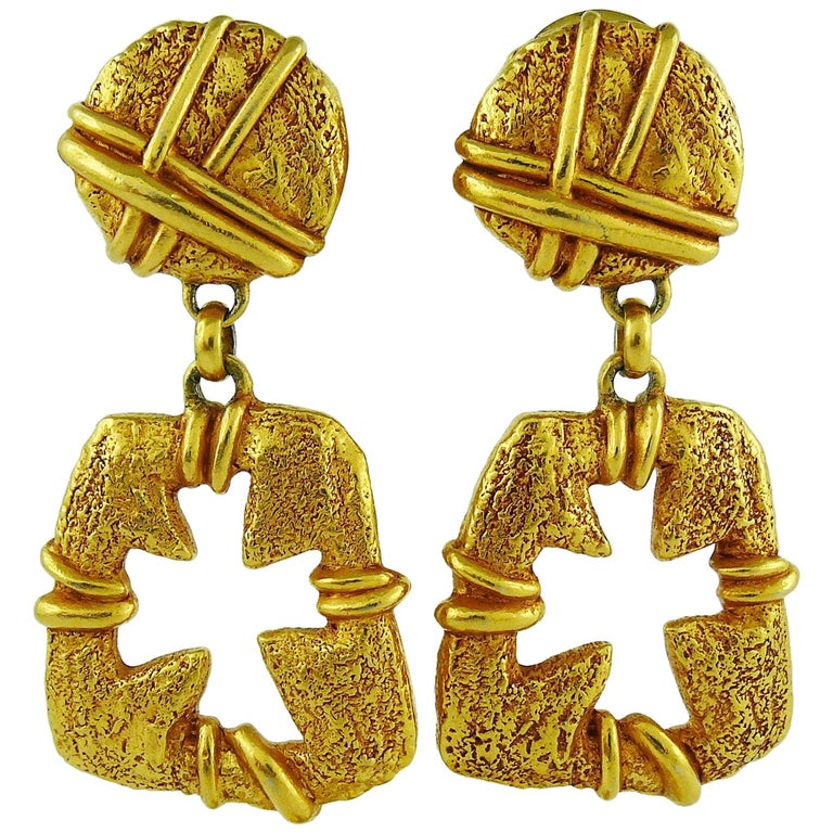 Christian Lacroix Vintage Gold Toned Cut Out Cross Dangling Earrings at ...