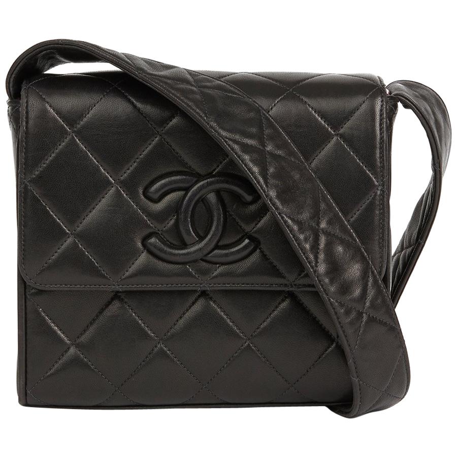 1991 Chanel Black Quilted Lambskin Vintage Leather Logo Shoulder Flap Bag