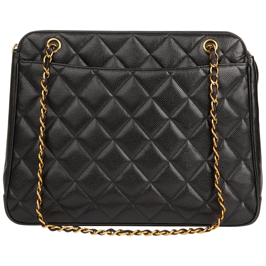 1990s Chanel Black Quilted Caviar Leather Timeless Shoulder Bag