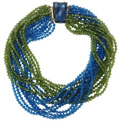 Castlecliff Multi Strand Vintage Olive Green and Brilliant Blue Beaded Necklace