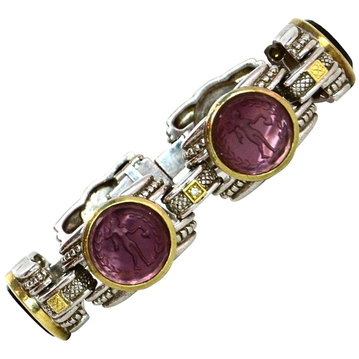 Judith Ripka Silver 18K Gold Burgundy Glass Intaglio Station Bracelet w Diamonds