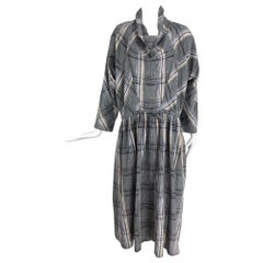 Issey Miyake Funnel Neck Plaid Cotton Draw Cord Waist Dress 1980s