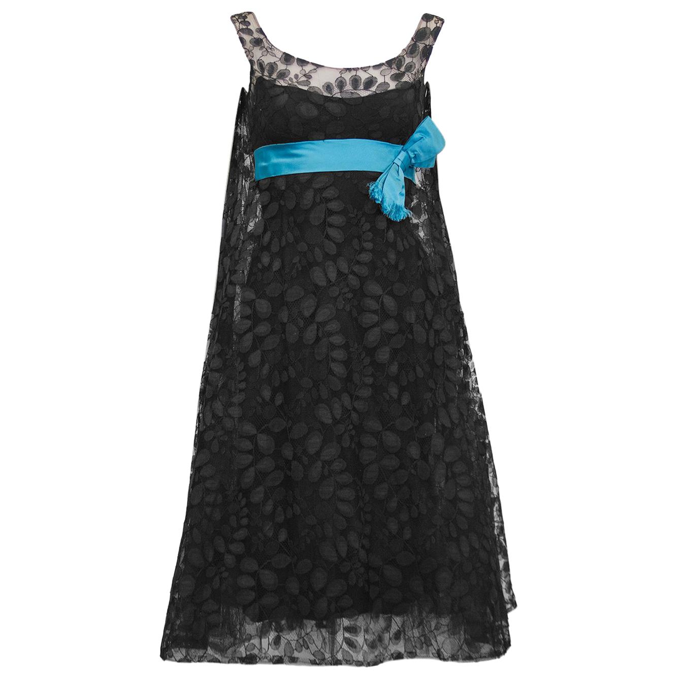 1950's Saks Fifth Avenue Black Lace Cocktail Dress with Turquoise Ribbon For Sale