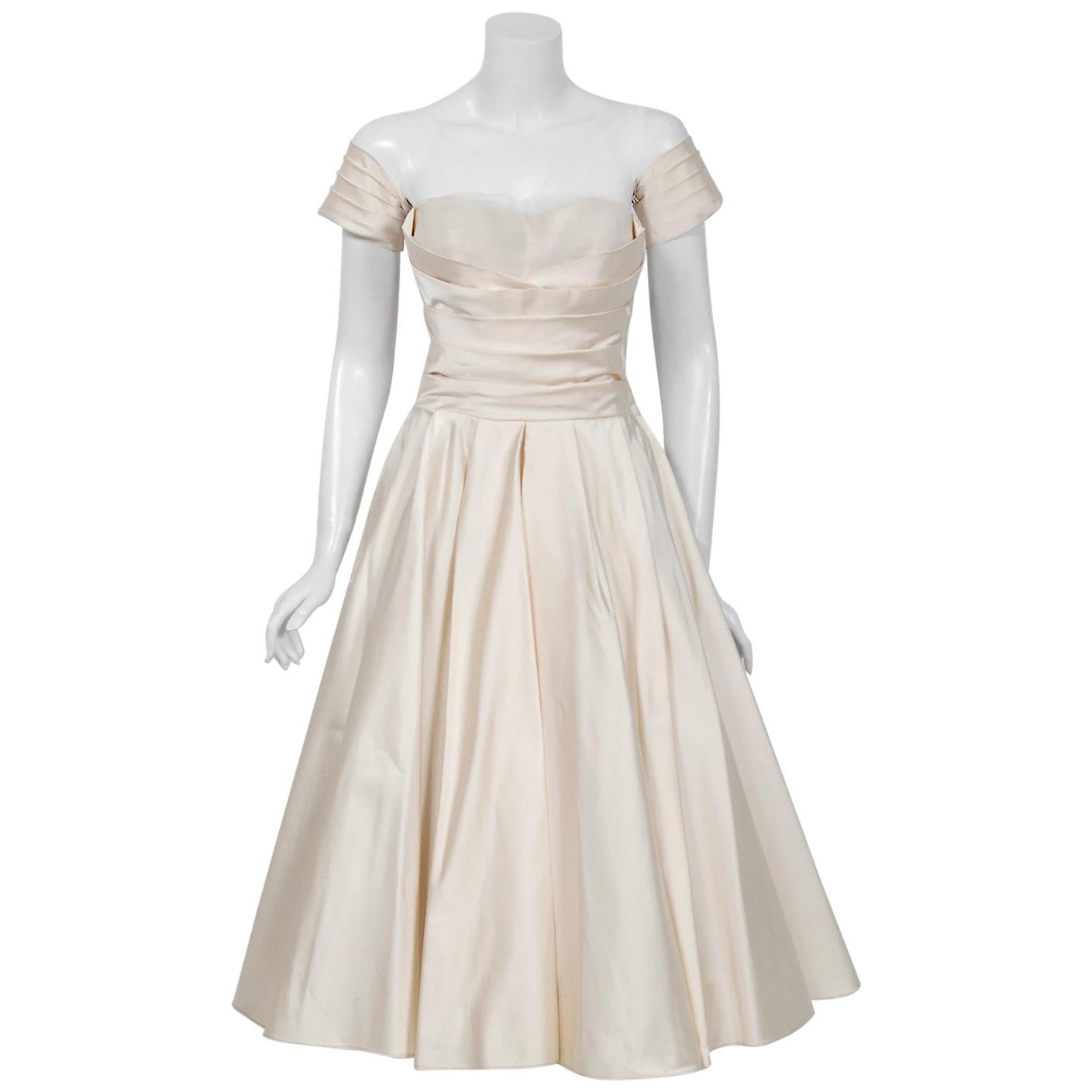 1950's Fred Perlberg Ivory Satin Ruched Sweetheart Circle-Skirt Dress w/ Tags