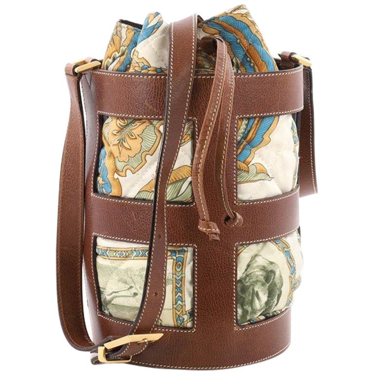 Salvatore Ferragamo Bucket Bag Leather and Quilted Printed Canvas Medium