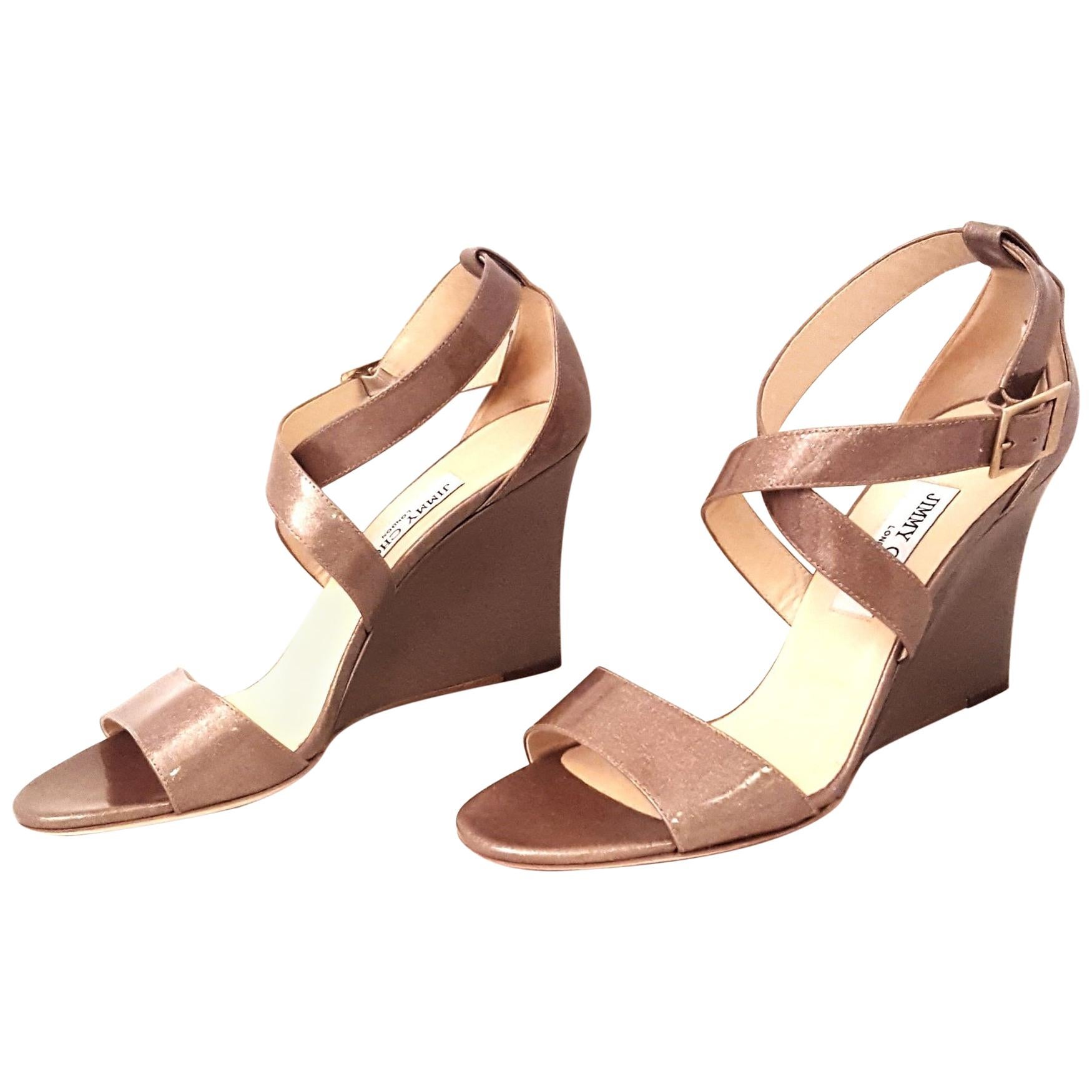 Jimmy Choo Fearne Taupe Patent Leather Glitter & Criss Cross Straps Wedges