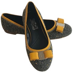 New Salvatore Ferragamo Yellow Varina Tweed Bow Ballerina Flat