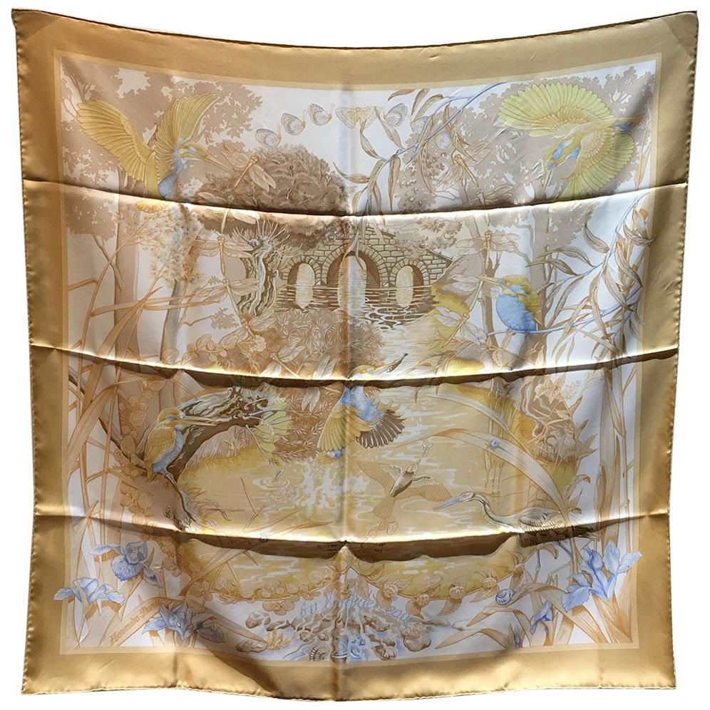 Hermes Au Bord de l'Eau Silk Scarf in Beige