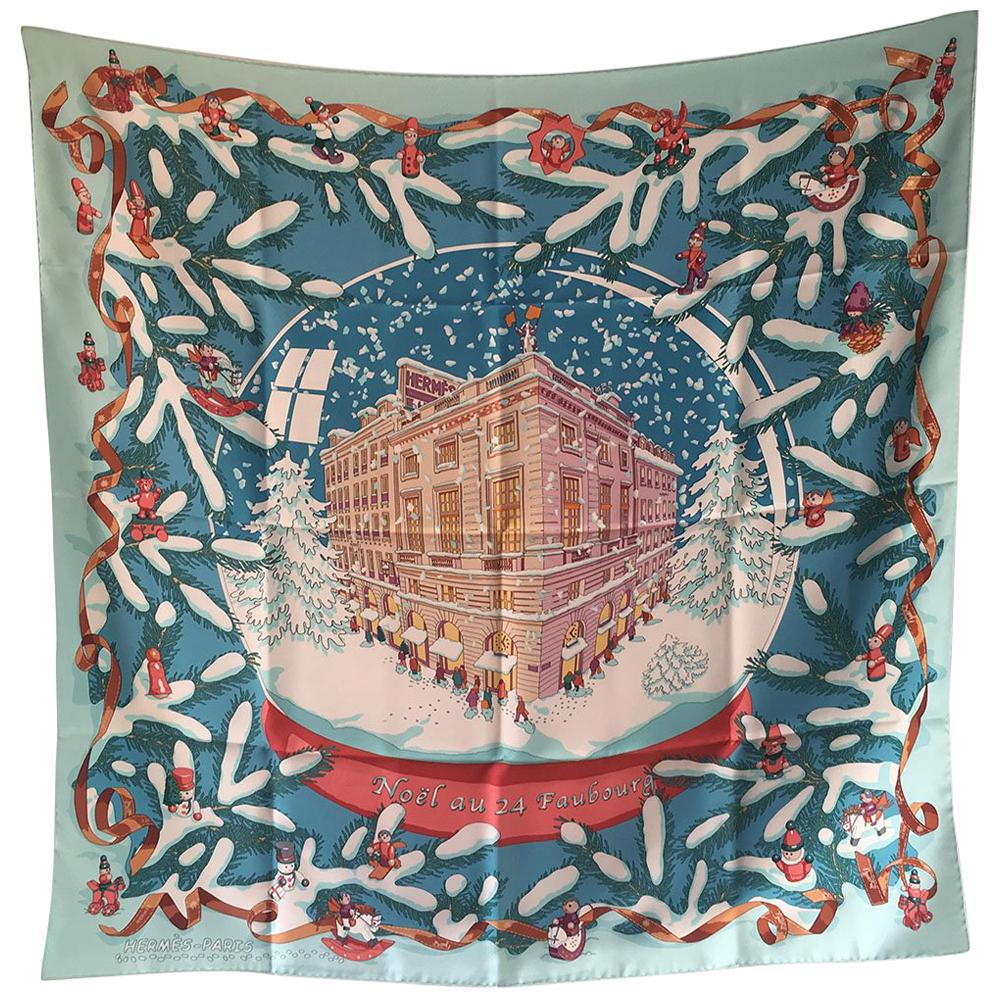 Hermes Noel au 24 Faubourg Silk Scarf in Blue