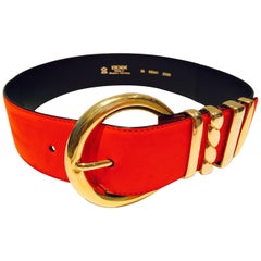 Vintage 80'S Leather Suede & Gilt Brass Color Block Two-Tone Belt By, Escada