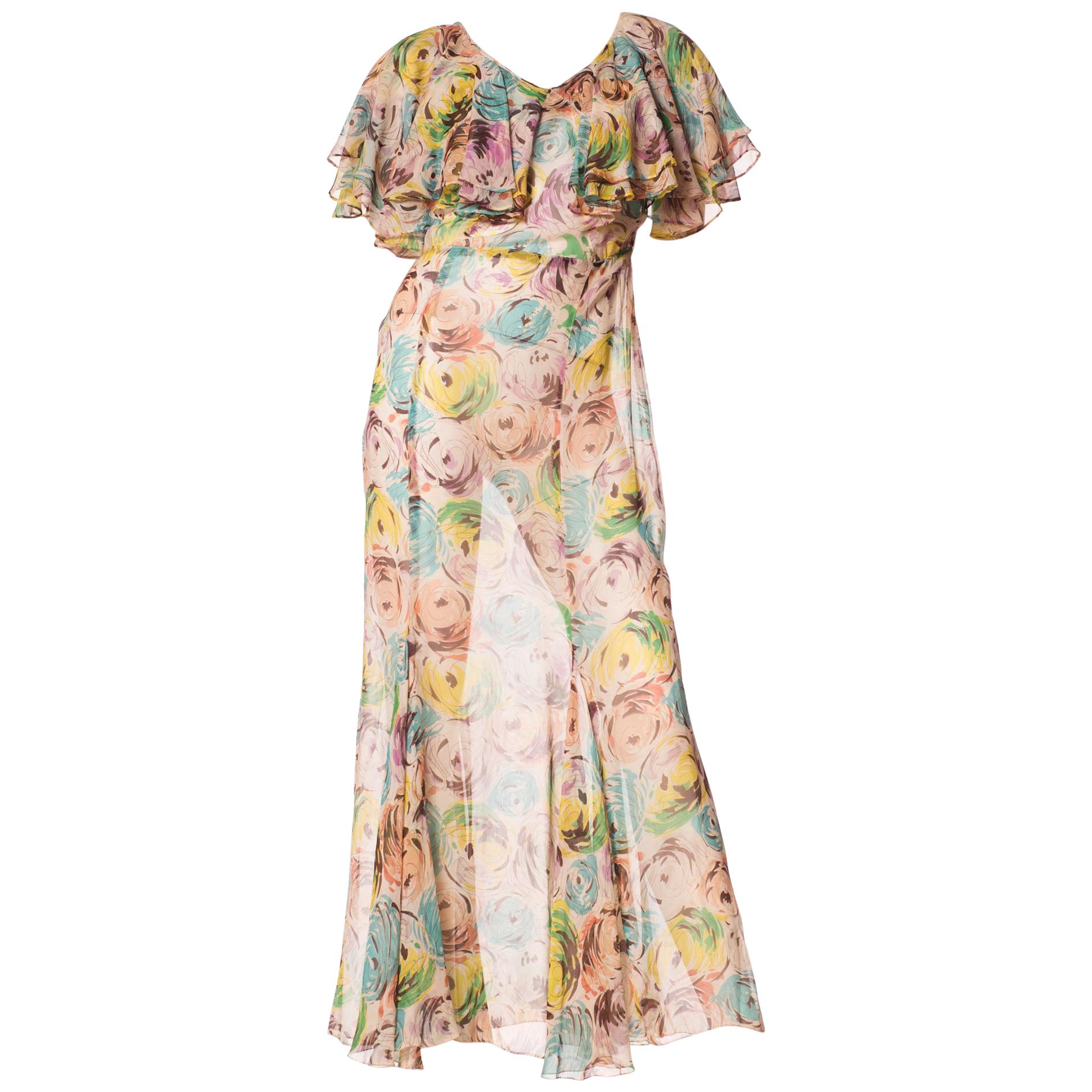 1930S Sheer Silk Chiffon Scribble Floral Printed Garden Party Dress With Double