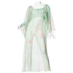 Sheer Floral Chiffon Dress with Kimono Cape Sleeves, 1970s 