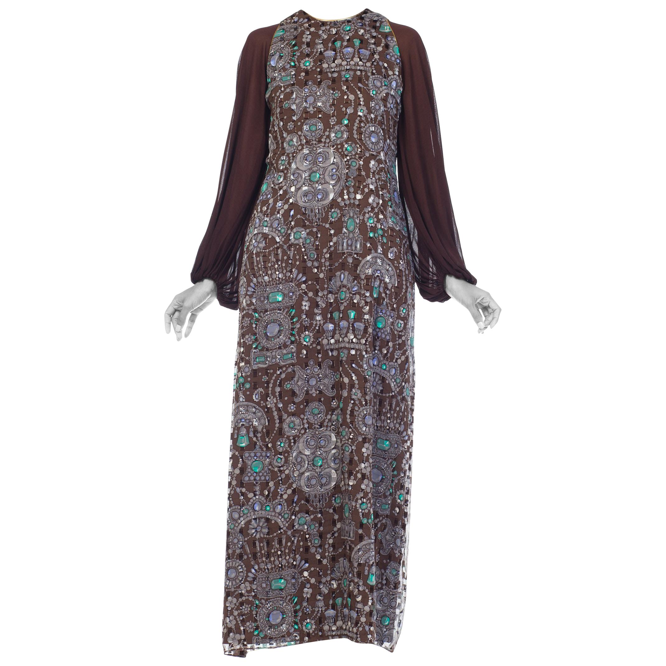 1970S Chocolate Brown Silk & Lurex Fil Coupé Helen Couture Dress With Chiffon J For Sale