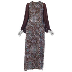 Vintage 1970S Chocolate Brown Silk & Lurex Fil Coupé Helen Couture Dress With Chiffon J