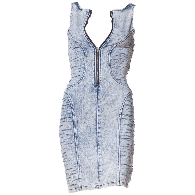 1990s Frayed Denim Bodycon Dress With Crystals
