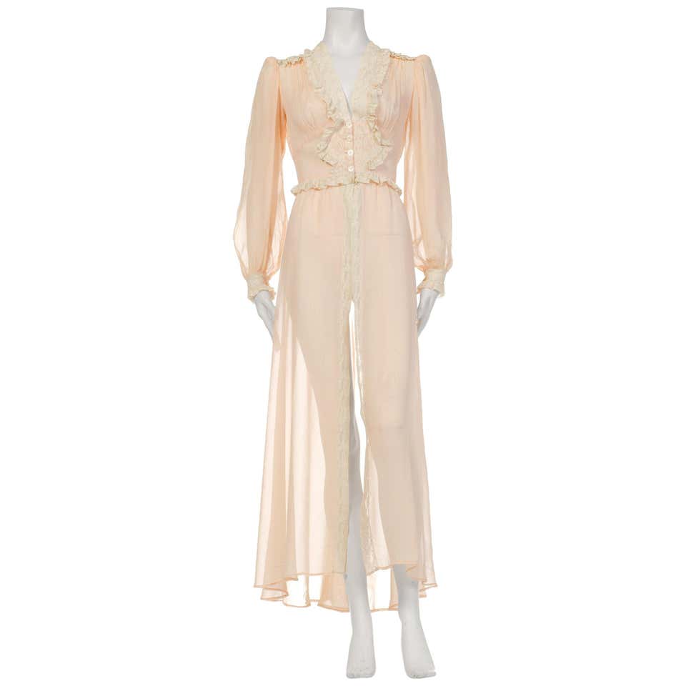 1940S Blush Pink Rayon Chiffon Sheer Peignoir Robe With Lace Ruffles ...