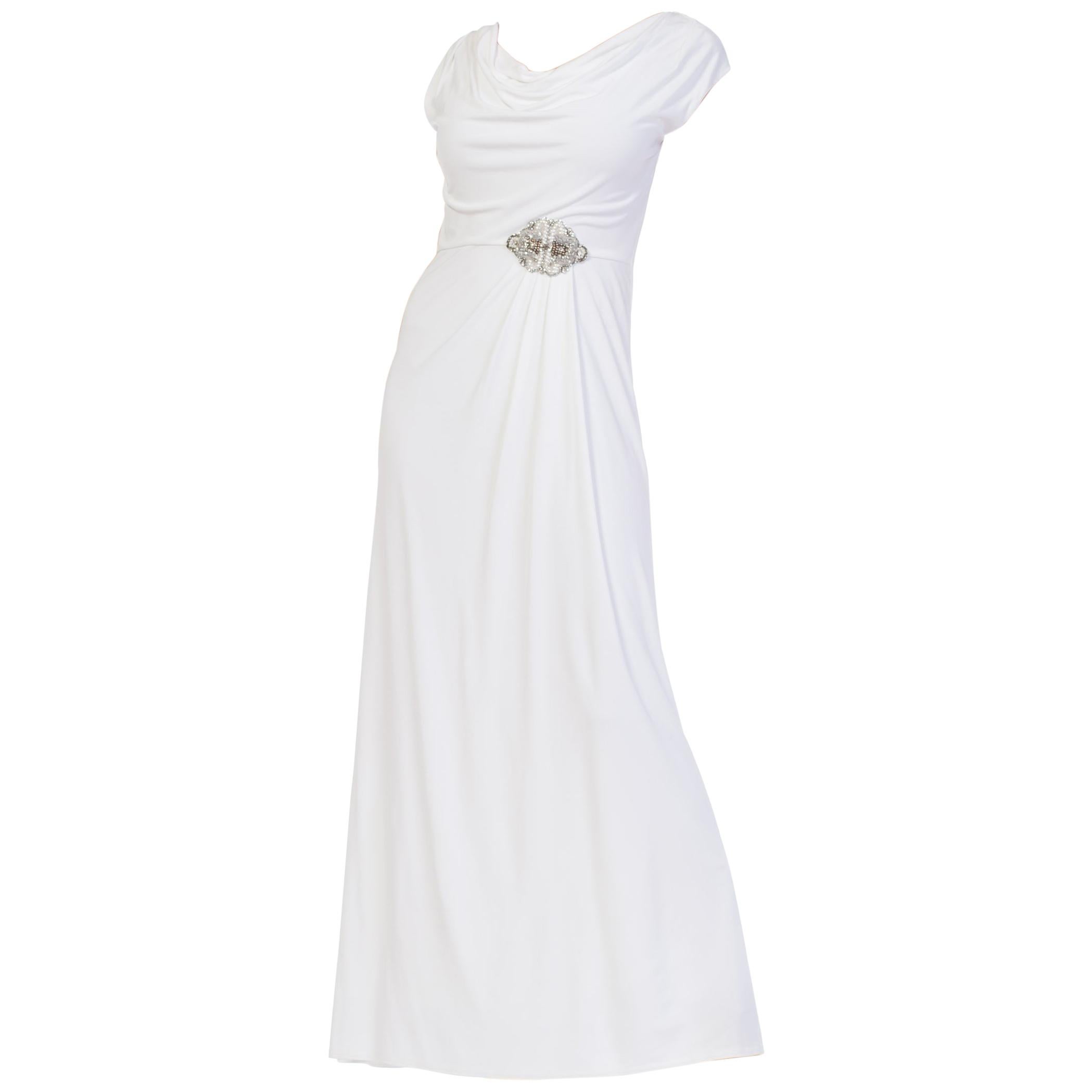 1970S White Polyester Jersey Draped Grecian Goddess Gown