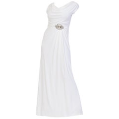 1970S White Polyester Jersey Draped Grecian Goddess Gown