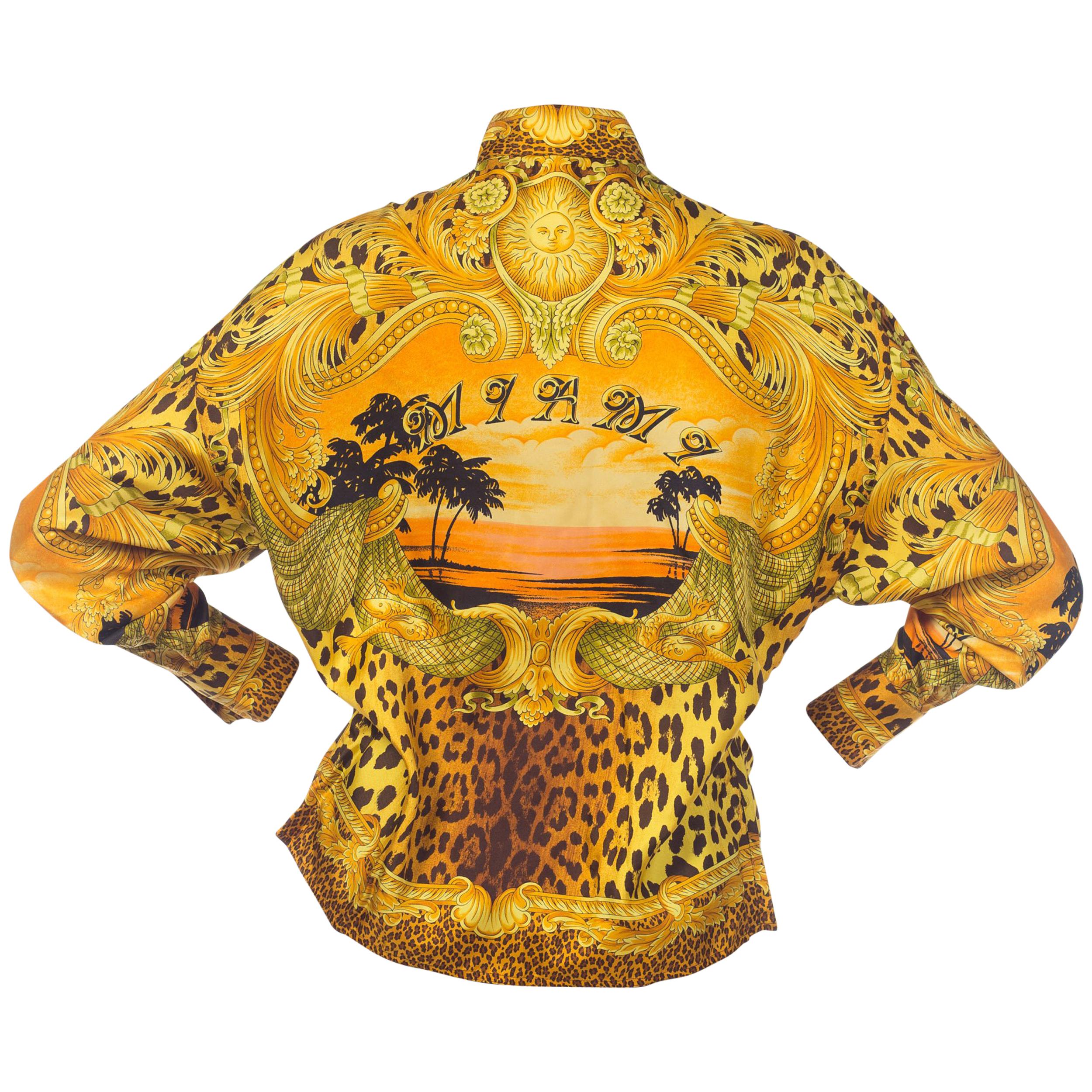 1990s Gianni Versace Miami Baroque Leopard Silk Blouse