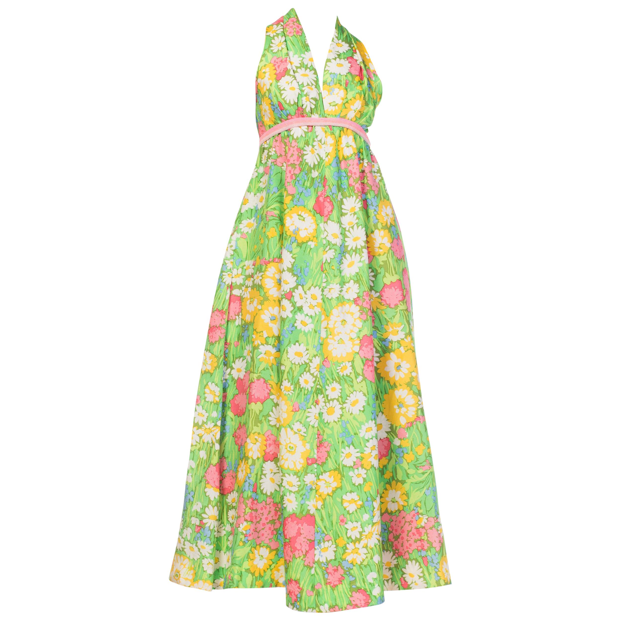 1960s 1970s Floral Printed Silk Halter Dress with Beading
