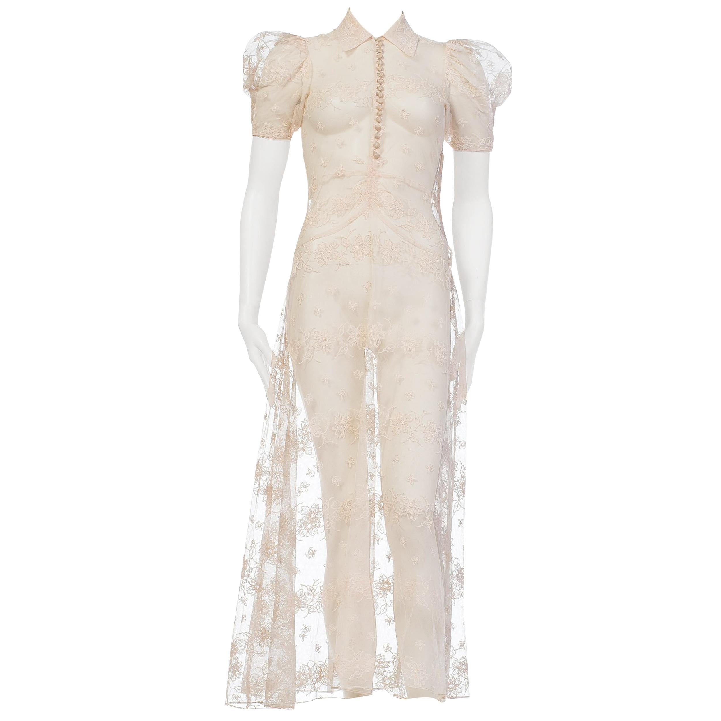 1930s Sheer Lace Net Dress With Floral Embroidery 