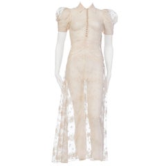 1930s Sheer Lace Net Dress With Floral Embroidery